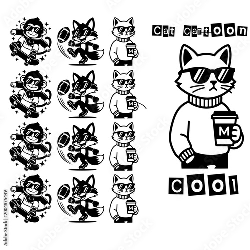 Canvas Print Black and white urban animal mascots set featuring monkey fox and cat