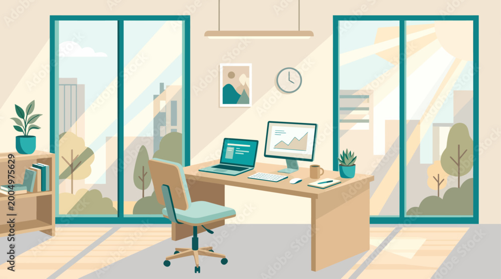 Fototapeta premium Bright and modern home office with a desk, laptop, monitor, and large windows overlooking an urban landscape with sunlight streaming in.