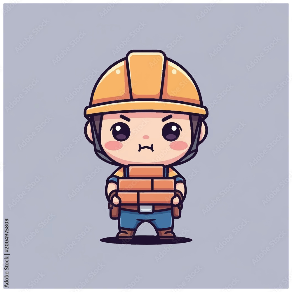 Fototapeta premium Cartoon construction worker with bricks.