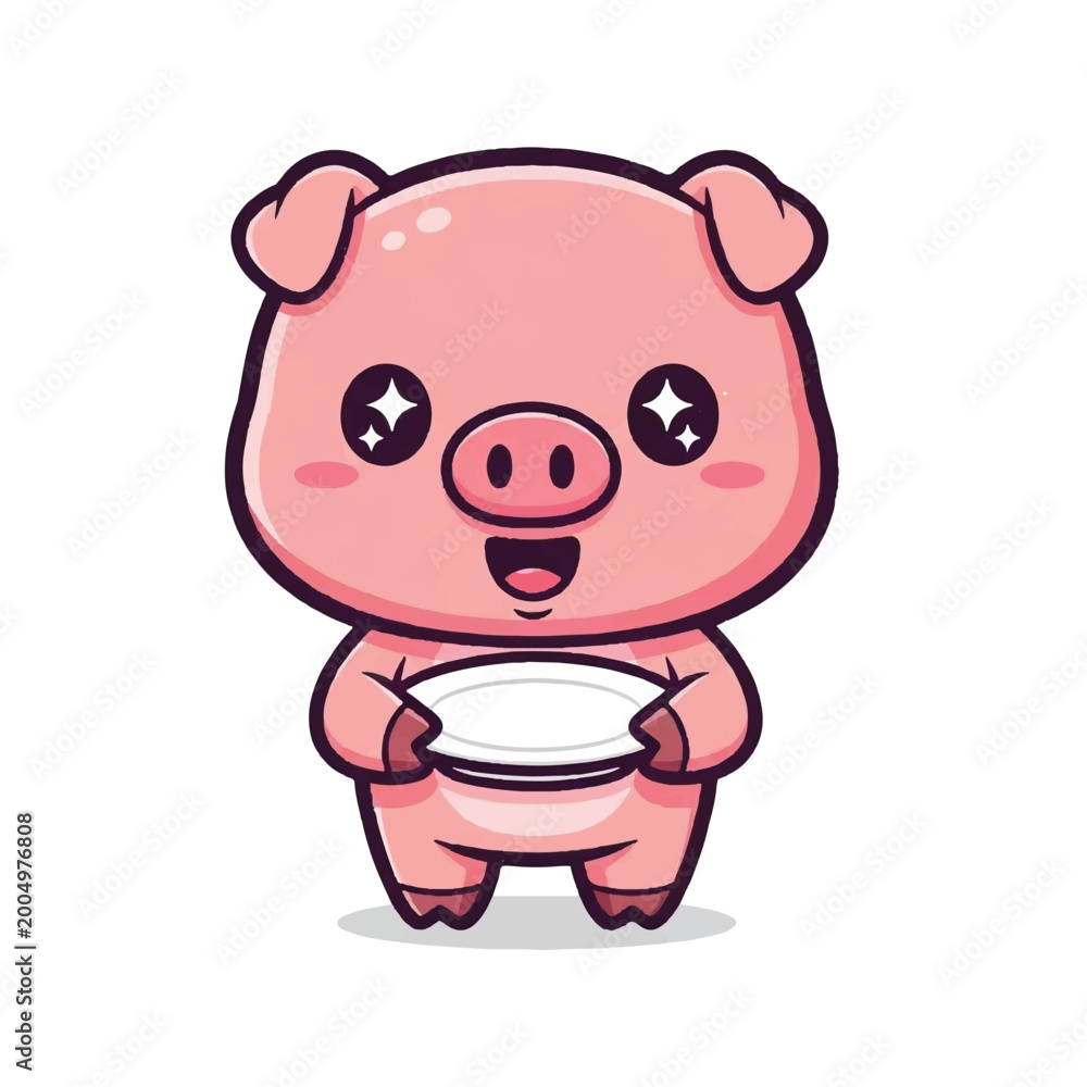 Fototapeta premium Cute Cartoon Pig Holding Plate.