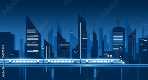 Pixel art train traveling through a modern city at night isolated on transparent background