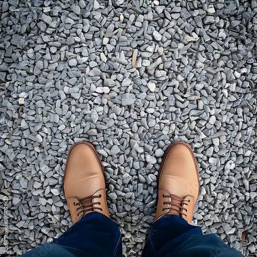 Brown leather shoes on gravel path