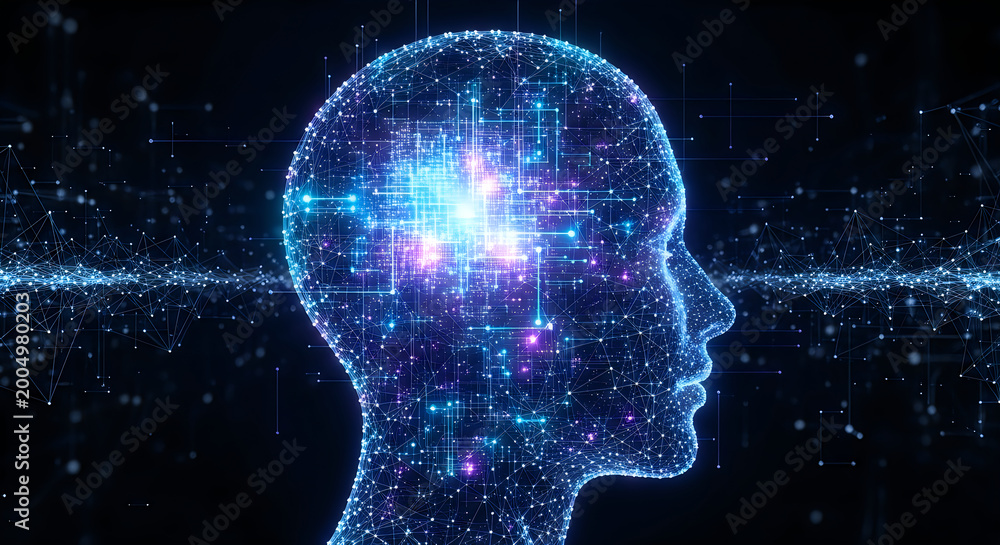 Obraz premium Digital human head made of glowing blue network lines isolated on transparent background