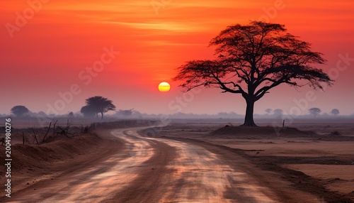 A serene dirt road winds through a savannah landscape at sunset