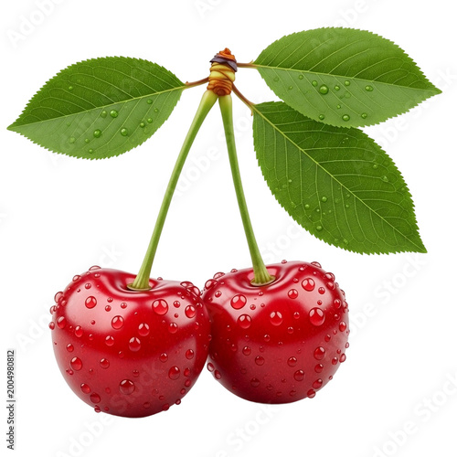 Two fresh red cherries with green leaves and water drops isolated on transparent background