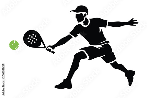 Dynamic padel player silhouette illustration hitting ball with racket, representing action, movement, and sports activity. Clean logo design ideal for fitness, competition, and active lifestyle themes