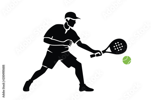 Dynamic padel player silhouette illustration hitting ball with racket, representing action, movement, and sports activity. Clean logo design ideal for fitness, competition, and active lifestyle themes