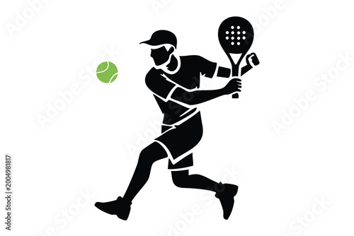 Dynamic padel player silhouette illustration hitting ball with racket, representing action, movement, and sports activity. Clean logo design ideal for fitness, competition, and active lifestyle themes