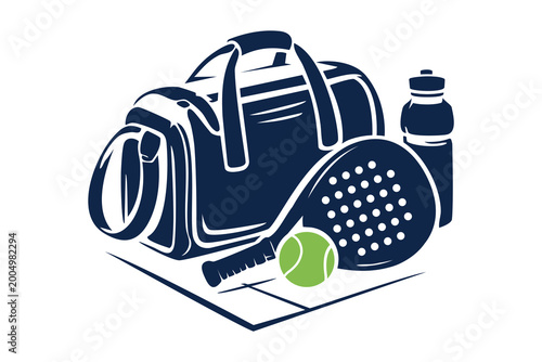 Modern padel illustration featuring racket, sports bag, ball, and water bottle representing fitness, activity, and training essentials. Clean design ideal for sports branding and lifestyle themes.