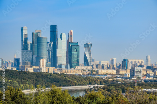 Daytime view of the Moscow City business center from the Sparrow Hills observation deck, Moscow city in Russia