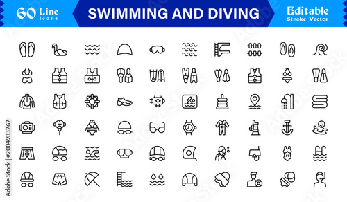 Bild auf Leinwand Swimming And Diving Line Icon Set – Modern, Minimal, Editable Vector Collection