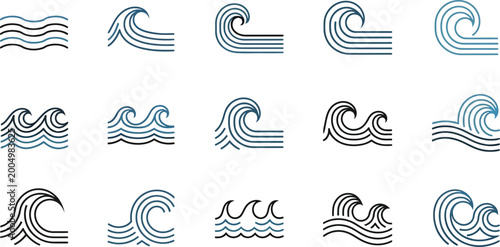 Wave 15 different line wave symbols in black and blue waves ocean
