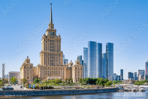 Hotel Ukraine building on the embankment of the Moscow River on a summer day, Moscow city in Russia