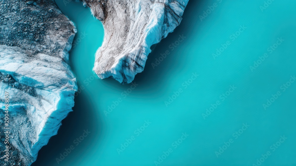 Fototapeta premium Breathtaking aerial view of a vibrant turquoise glacial lake meeting rugged ice formations