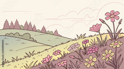 Foto Pink wildflowers growing on a rocky hillside in spring