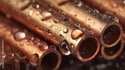 Close-up view of copper pipes with water droplets.
