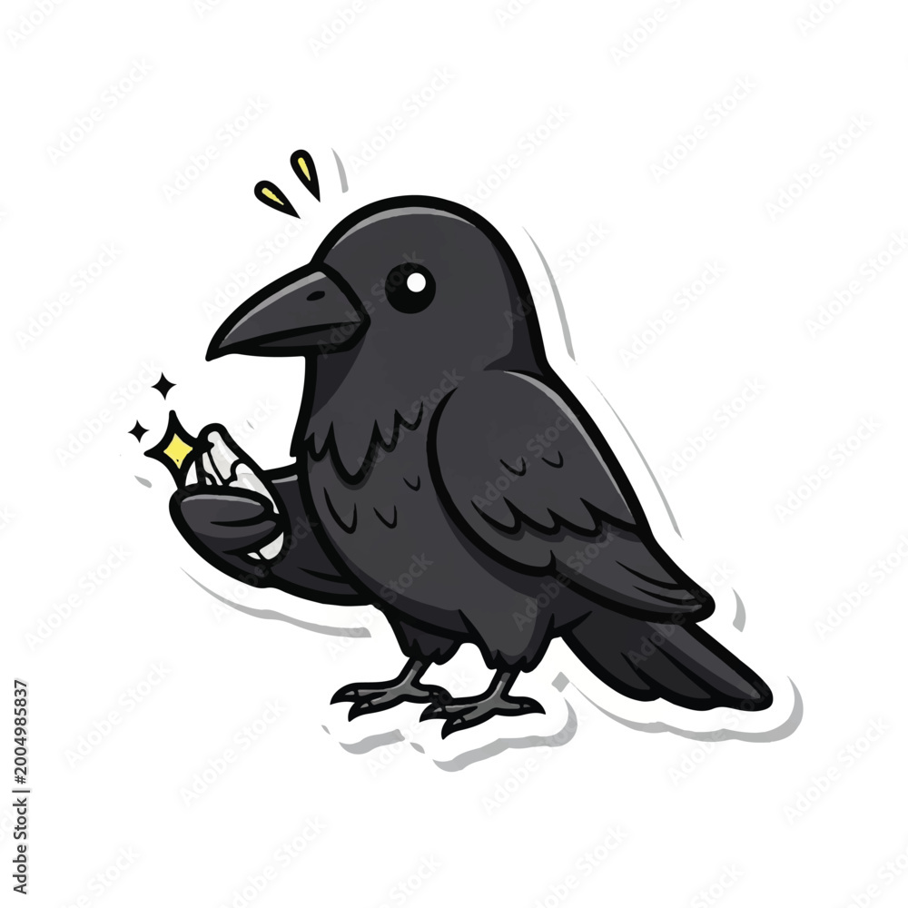 Fototapeta premium Cartoon Black Bird Holding Jewel.