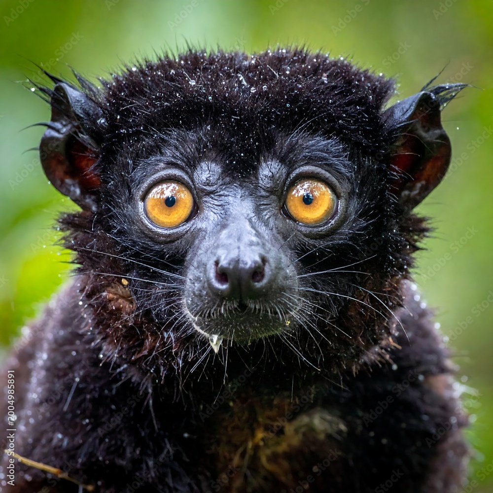 Fototapeta premium Close-up of a lemur with bright orange eyes, dark fur, and attentive expression in its natural habitat with blurred green foliage
