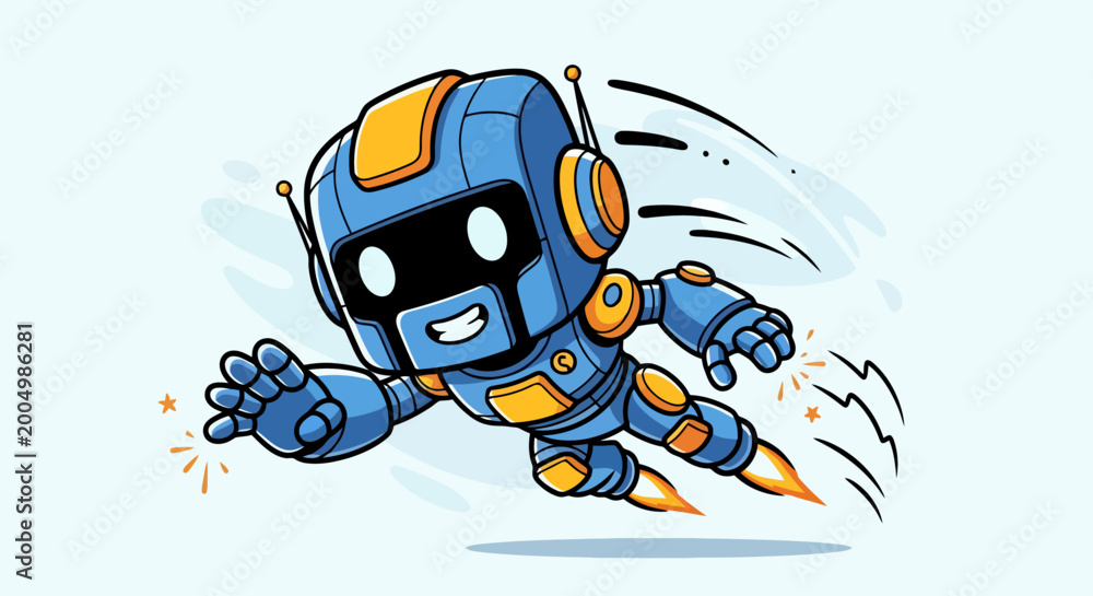 Fototapeta premium Cute Blue Robot Flying with Jet Boots.