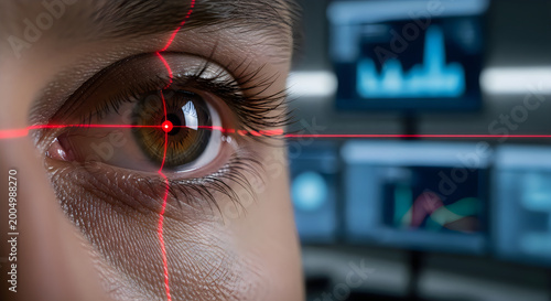 Human eye with red laser scanning for biometric security isolated on transparent background