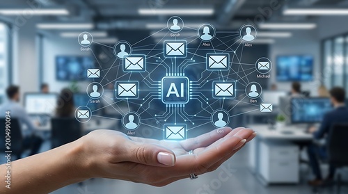 Hands holding holographic ai email communication network interface