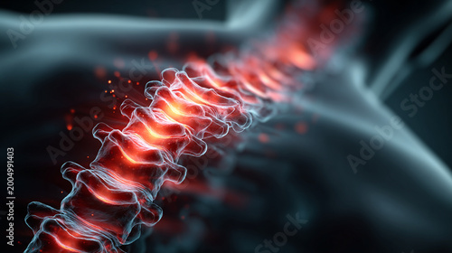 Abstract render of a glowing human spine over a blurred background with human body, medical imaging