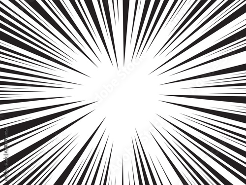 Abstract comic speed lines burst background. Black and white radial super action explosion, dynamic manga anime motion rays frame, powerful zoom fast speed lines movement effect element.