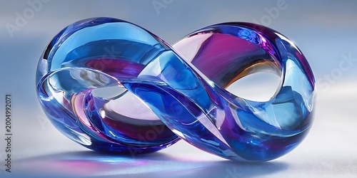 A polished glass infinity symbol sculpture with vibrant blue and purple hues reflects light and color on a smooth, gradient surface
