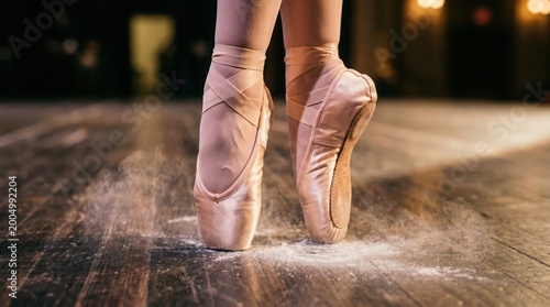 Pointe Shoe Close-Up with Rosin Dust on a Dark Stage Floor