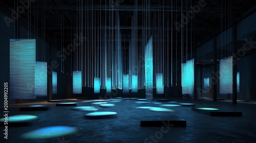 Abstract technological cityscape with glowing blue lights and vertical elements suspended in darkness, creating a futuristic atmosphere