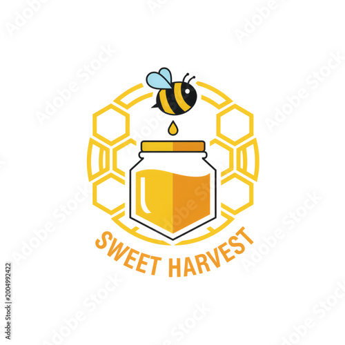 Honey jar with bee and honeycomb design featuring Sweet Harvest  