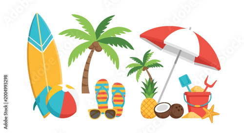 Beach vacation surfboard, palm trees, tropical fruit, and summer accessories pineapple