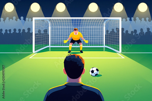 Soccer Penalty Moment – Player Facing Goalkeeper in Stadium Scene Vector Illustration
