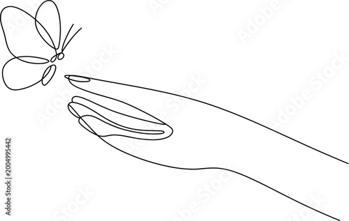 Foto Continuous line drawing of a hand and a butterfly in a gentle interaction