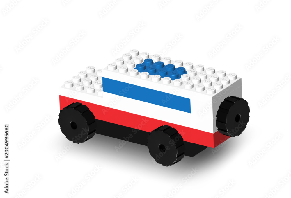 Fototapeta premium White and red car SUV made by realistic Lego plastik constructor parts isolated on white background with shadow. 3D rendered editorial vector illustration