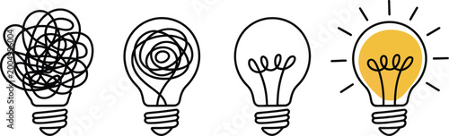 Foto Continuous line drawing of four light bulb ideas