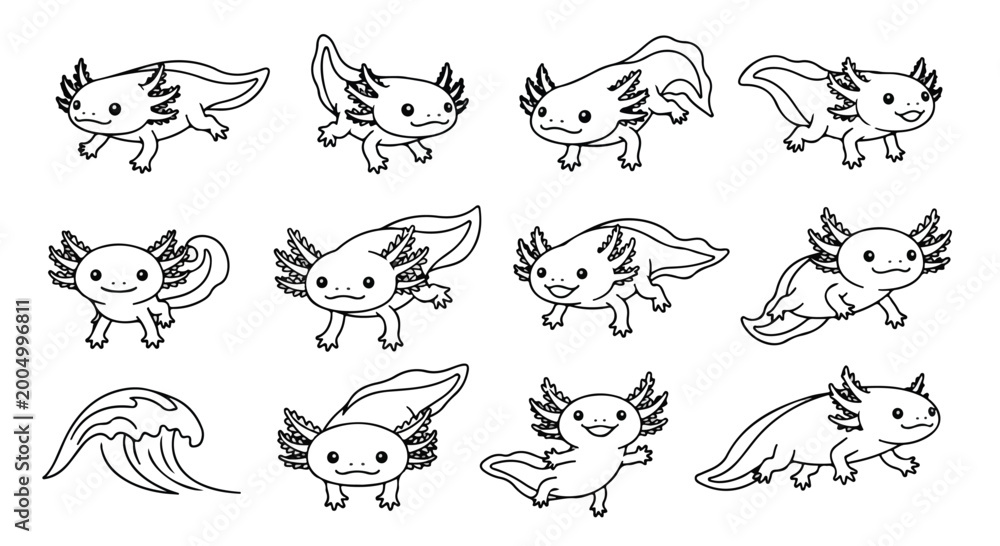 Fototapeta premium Cute cartoon axolotl collection with various playful poses and movements in black line art style
