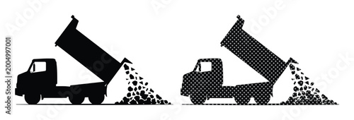 Canvas-taulu Industrial dump truck silhouette set, heavy construction tipper lorry unloading