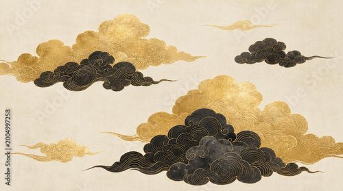 A Japanese pattern frame with gold and black clouds and waves on a washi paper background.