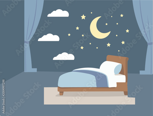 Blue Night Sky Illustration Crescent Moon Stars Minimal Background with Copy Space