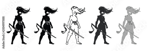Fotografía Female ninja warrior silhouettes set, 5 martial arts assassin vector characters