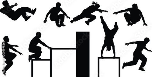 Obraz na płótnie Parkour athlete silhouettes performing dynamic jumps, flips, vaults and handstan
