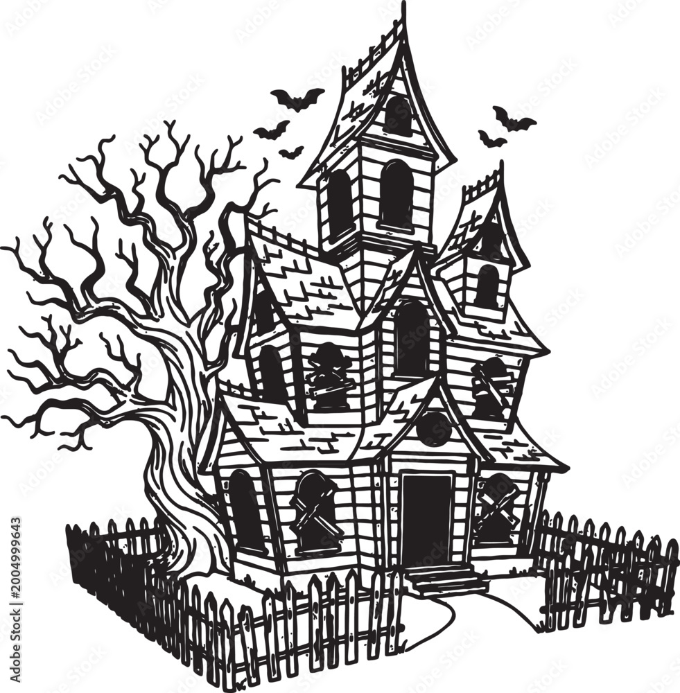 Naklejka premium Spooky haunted house mansion with dead tree and bats line art for halloween building architecture victorian abandoned derelict tradition branches coloring illustration