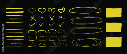 Yellow marker highlighters. Set of arrows, ovals and underlines. Text highlighter pen, yellow marker, bold underlines and strokes. 