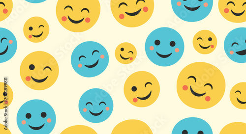 Seamless background pattern consists of numerous yellow and blue smiley face emojis with different happy expressions and wink.