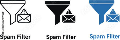 Spam Filter Icon Set – Email Security, Filtering, Protection, Vector Illustration in Multiple Styles