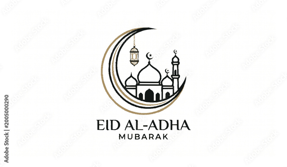 Obraz premium Eid al Adha logo crescent moon mosque and lantern elegant Islamic festival vector design