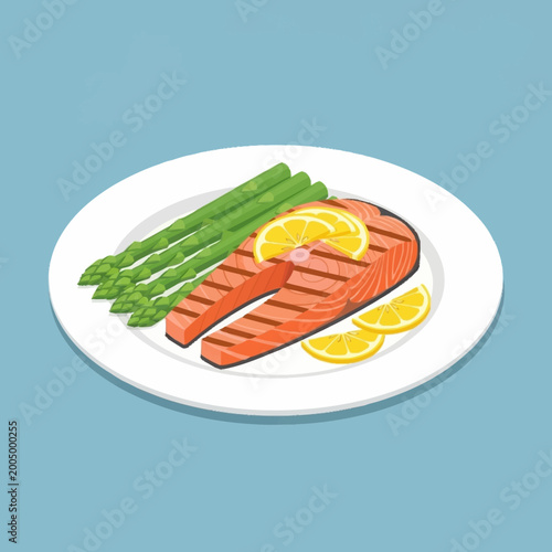 Fotografia Grilled salmon fillet with asparagus and lemon.