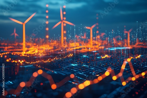Electricity transmission towers at sunset with glowing urban lights image