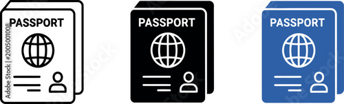 Photos Passport icon set in black, white, and blue for travel documents and identificat